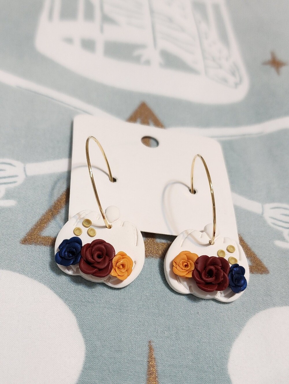Fall Halloween White Pumpkin Floral Hoop Earrings